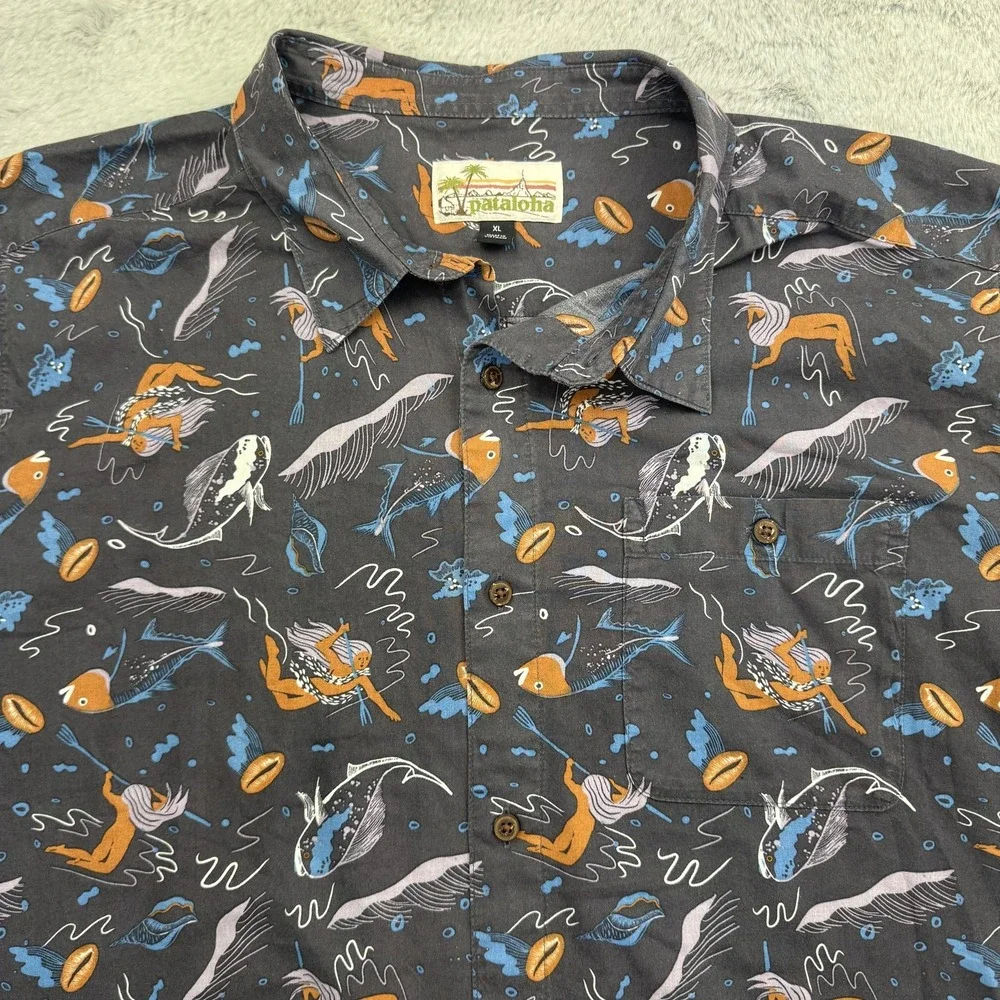 Pataloha Shirt Mens XL Gray Mermaid Nautical Print Hawaiian Aloha Patagonia - Picture 2 of 7